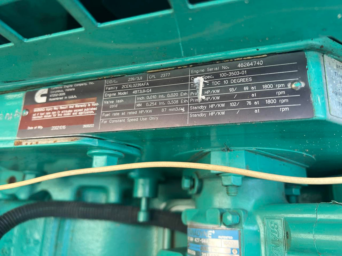 60 kW Cummins/Onan GenSet, with Enclosure and Base Fuel Tank, 3.9 Liter Cummins Diesel Engine, Year – 2002, 725 Hours