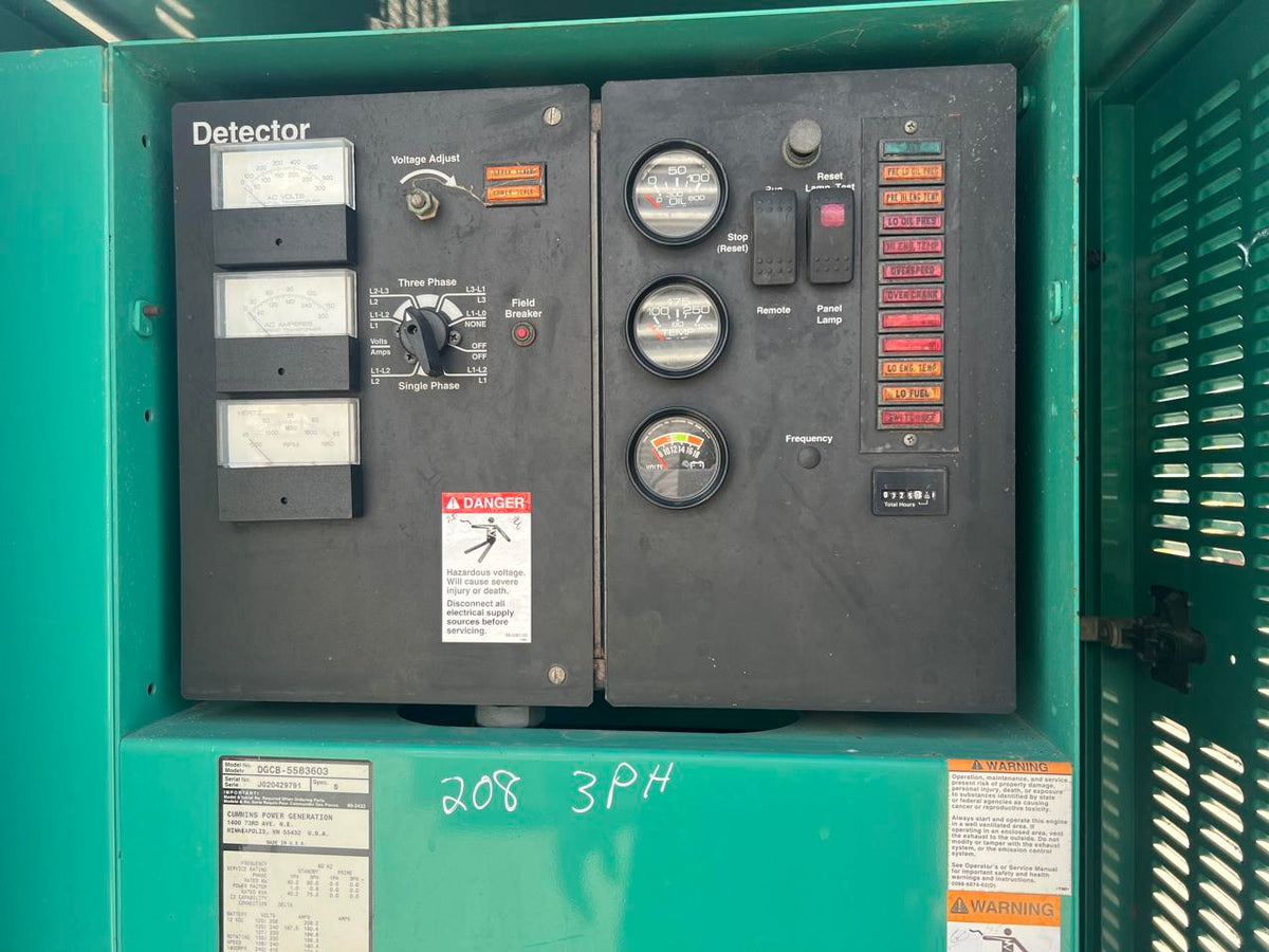 60 kW Cummins/Onan GenSet, with Enclosure and Base Fuel Tank, 3.9 Liter Cummins Diesel Engine, Year – 2002, 725 Hours