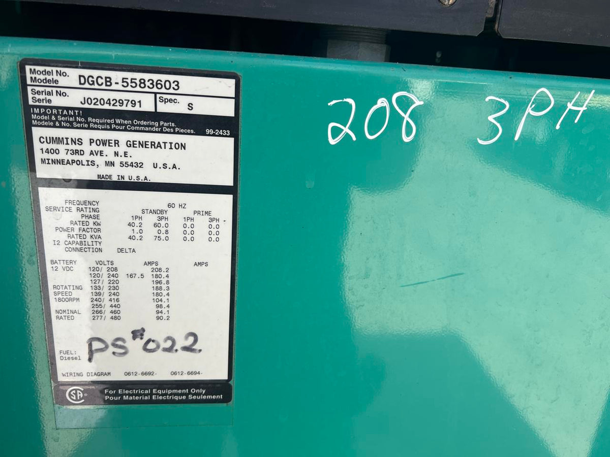 60 kW Cummins/Onan GenSet, with Enclosure and Base Fuel Tank, 3.9 Liter Cummins Diesel Engine, Year – 2002, 725 Hours