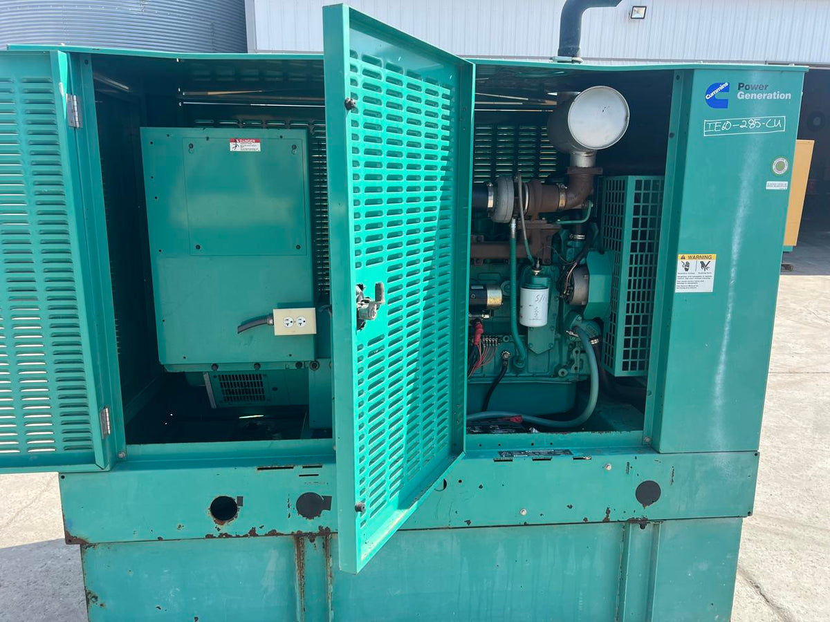 60 kW Cummins/Onan GenSet, with Enclosure and Base Fuel Tank, 3.9 Liter Cummins Diesel Engine, Year – 2002, 725 Hours