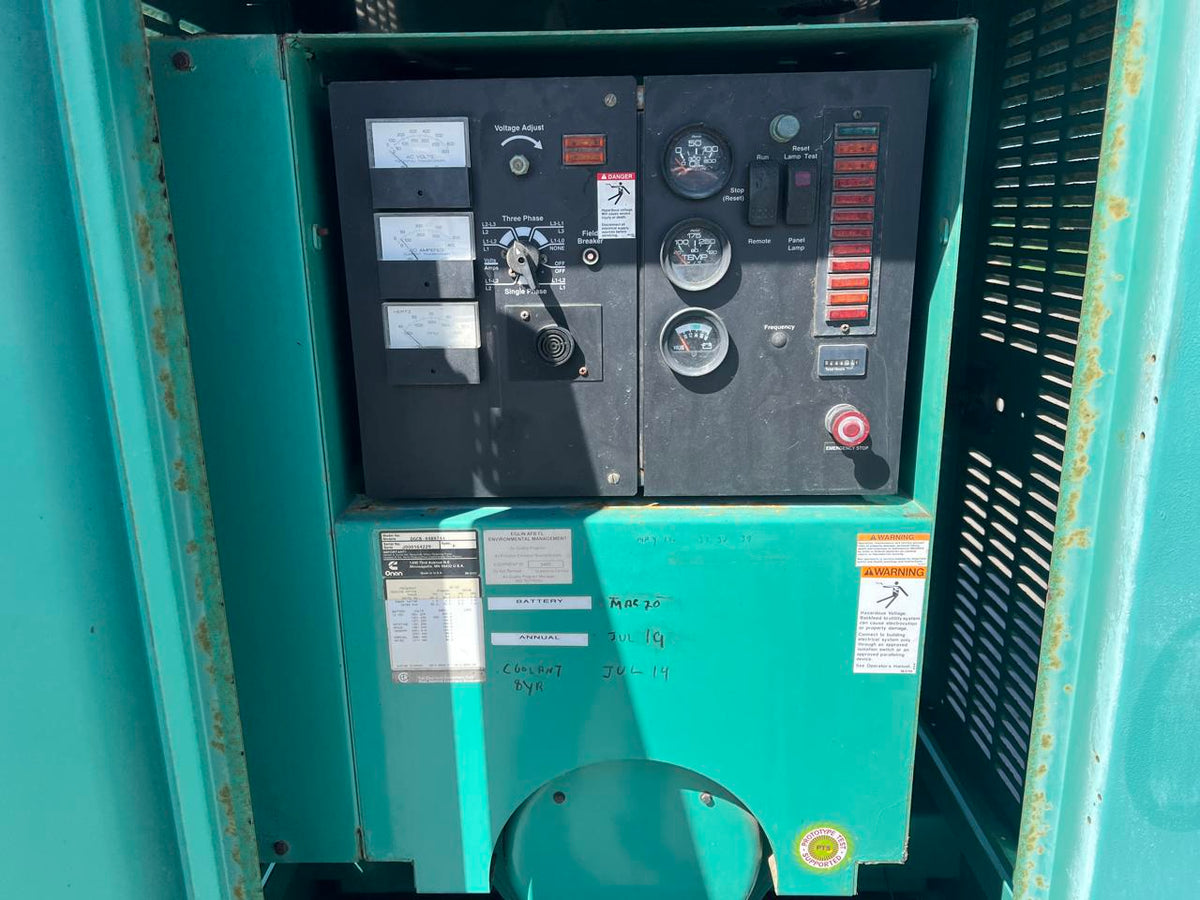 60 kW Cummins/Onan GenSet with Enclosure and Base Fuel Tank 3.9 Liter Cummins Engine, Year – 2000, 466 Hours