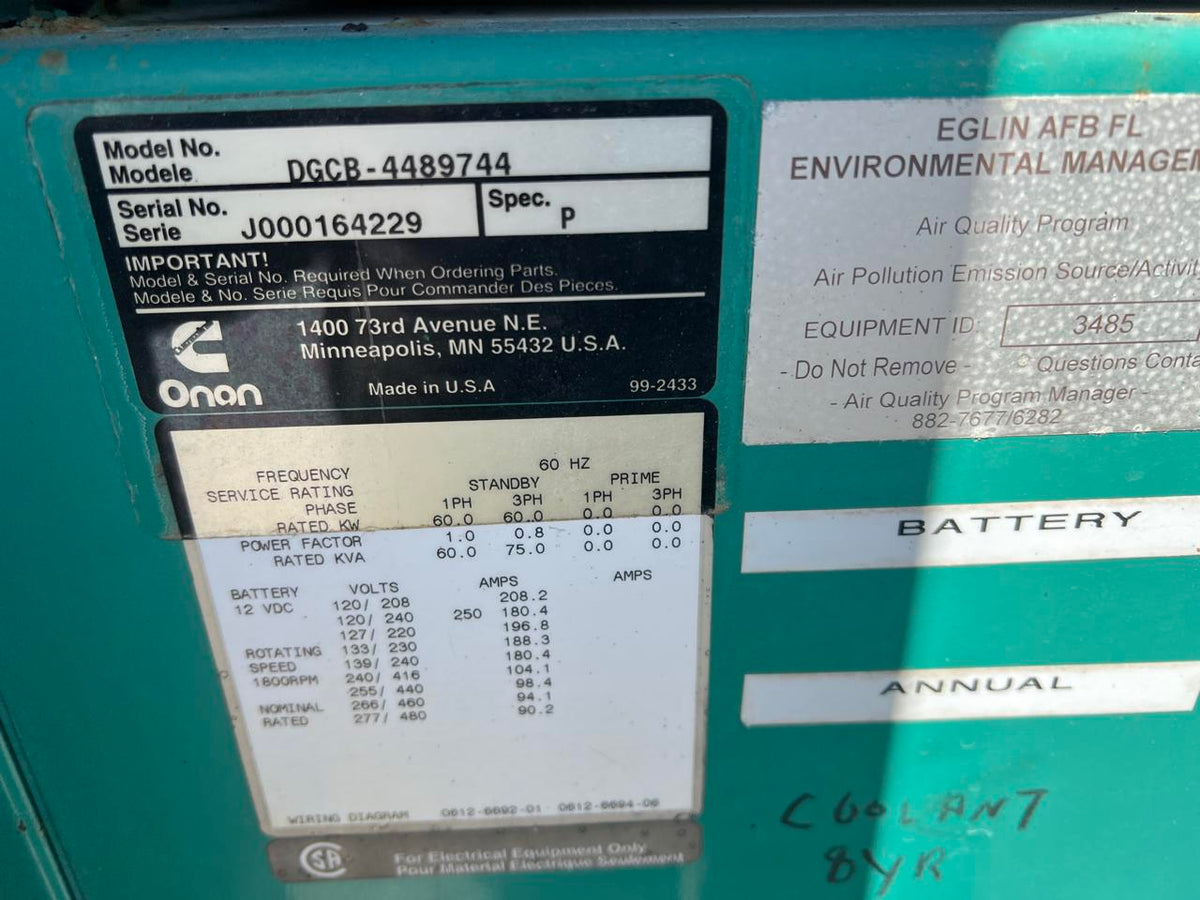 60 kW Cummins/Onan GenSet with Enclosure and Base Fuel Tank 3.9 Liter Cummins Engine, Year – 2000, 466 Hours