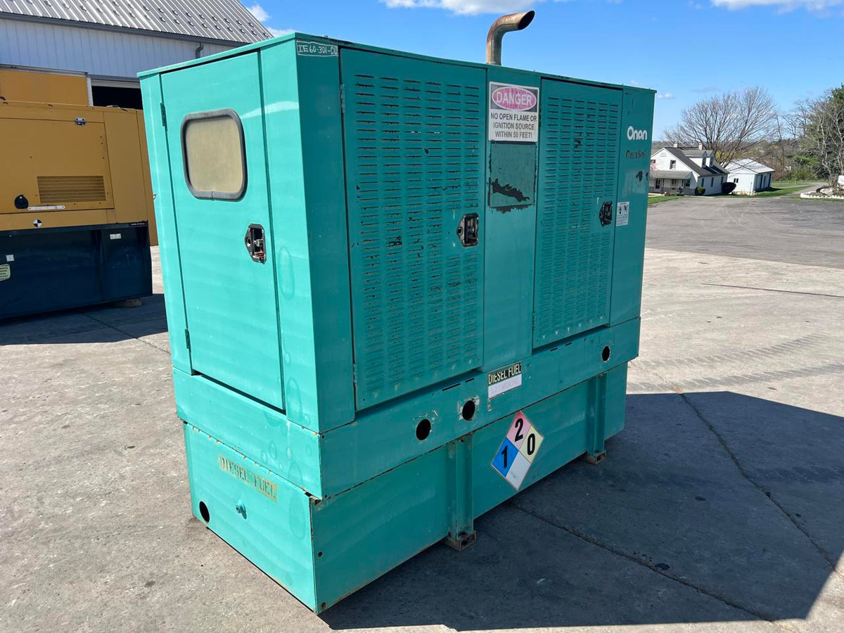 60 kW Cummins/Onan GenSet with Enclosure and Base Fuel Tank 3.9 Liter Cummins Engine, Year – 2000, 466 Hours