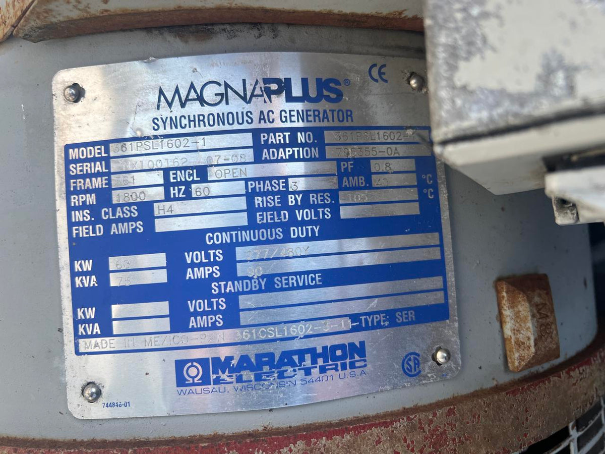 60 kW Marathon Generator, 4.5 Liter John Deere Engine, Year – 2003, 6381 Hours