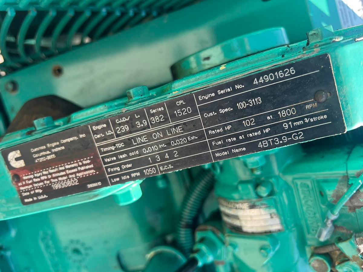 60 kW Cummins/Onan Genset, 4BT3.9 Liter Cummins Engine, Open Skid, Year – 1993, 5093 Hours