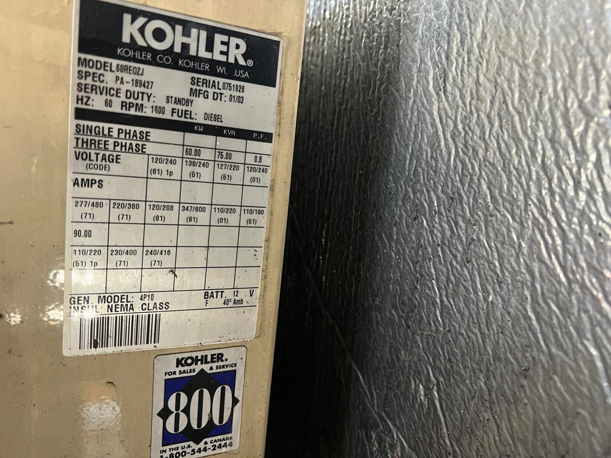 60 kW Kohler Generator, with Enclosure 4.5 Liter Mechancial John Deere Engine, Year – 2003, 2624 Hours