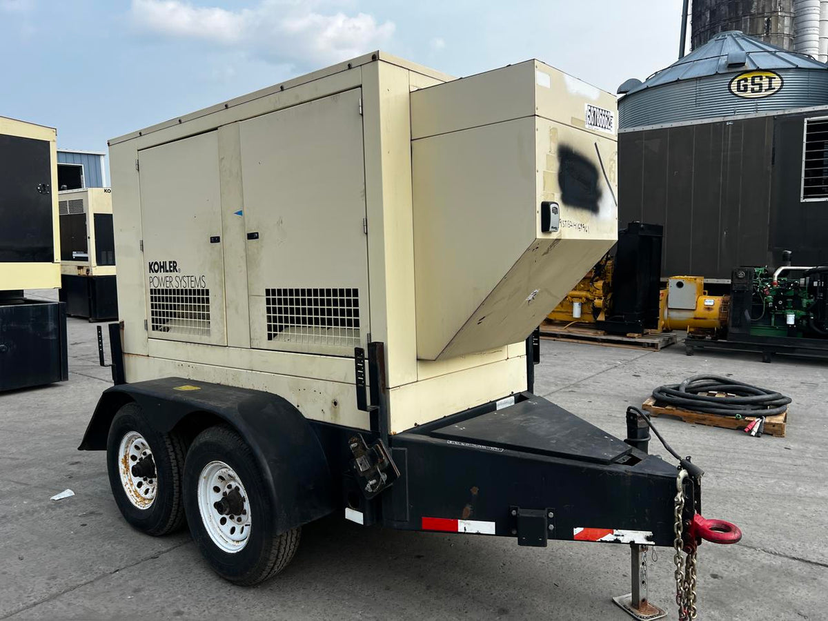 60 kW Kohler Portable Rental Grade Generator, with Sound Attenuated Enclosure and Base Fuel Tank 4.5 Liter John Deere Engine, Year – 2004, 6373 Hours