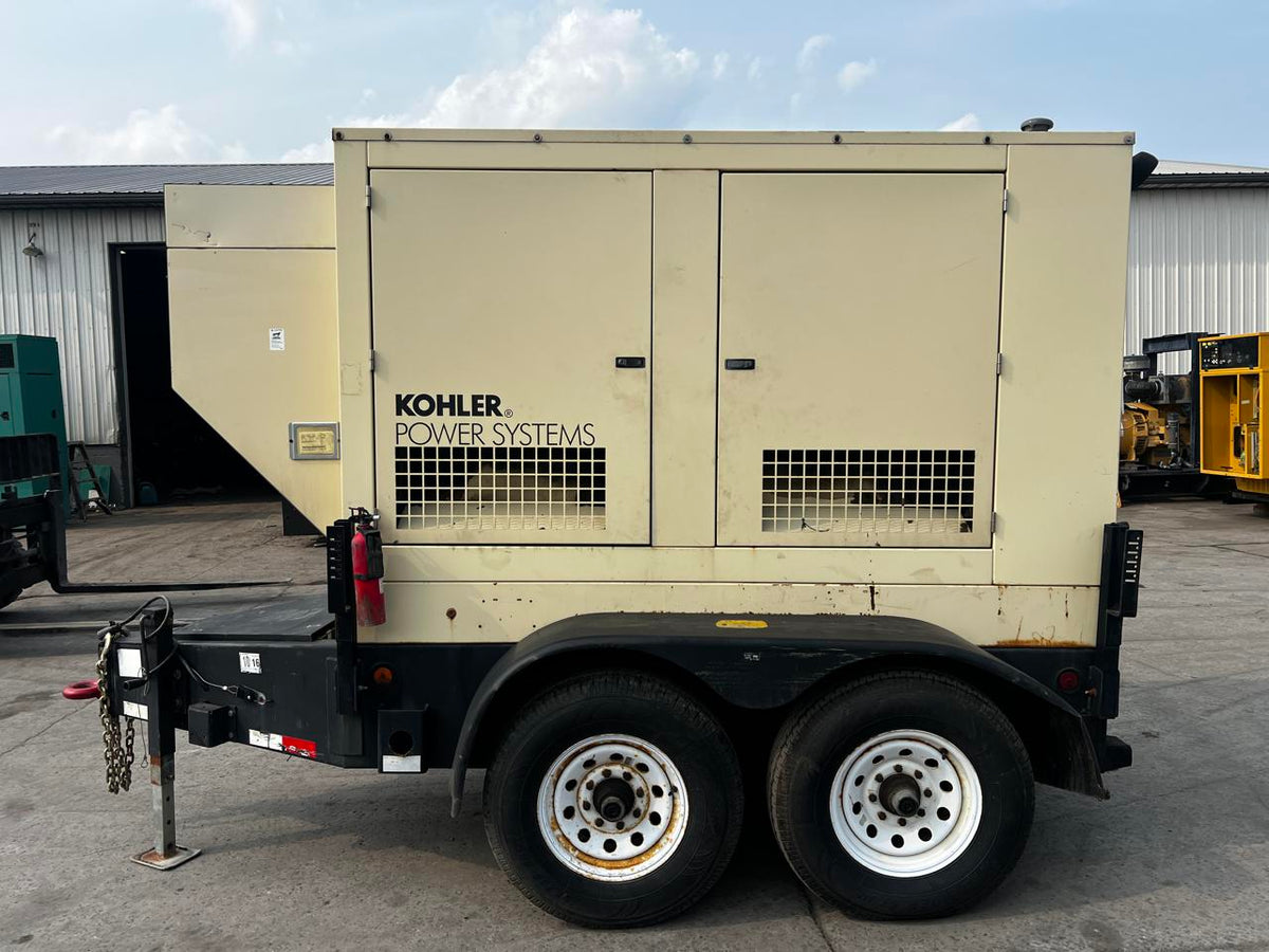 60 kW Kohler Portable Rental Grade Generator, with Sound Attenuated Enclosure and Base Fuel Tank 4.5 Liter John Deere Engine, Year – 2004, 6373 Hours