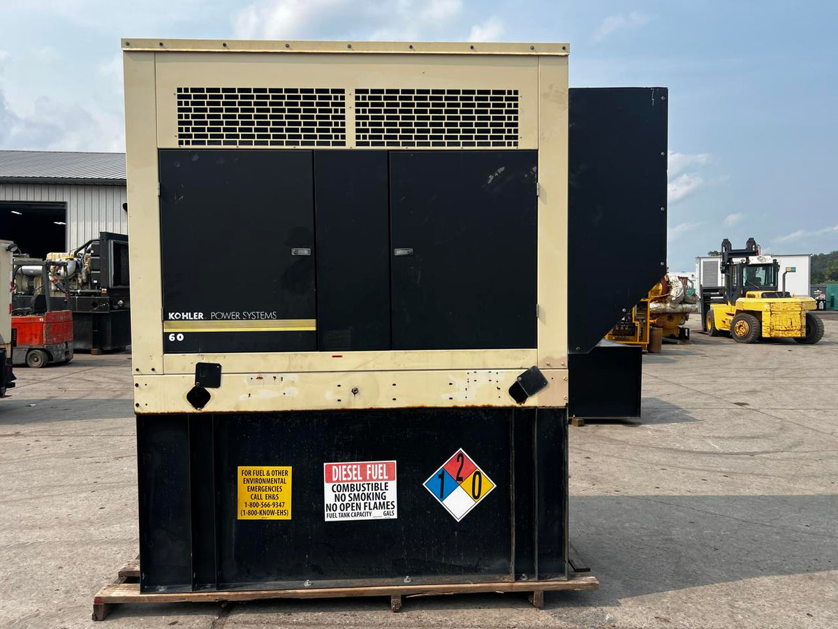 60 kW Kohler Generator,with Sound Attenuated Enclosure and Base Fuel, 4.5 Liter John Deere Engine, Year – 2005, 584 Hours