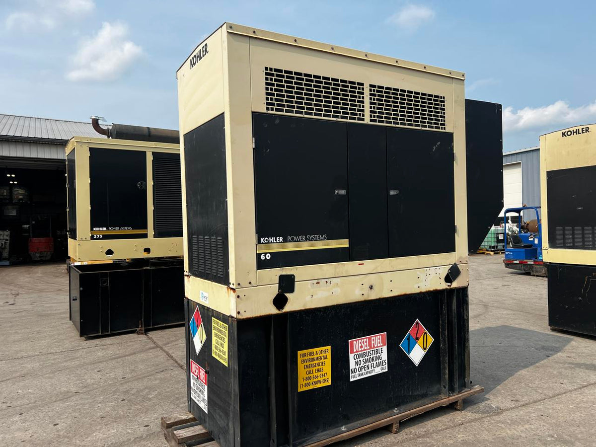 60 kW Kohler Generator,with Sound Attenuated Enclosure and Base Fuel, 4.5 Liter John Deere Engine, Year – 2005, 584 Hours