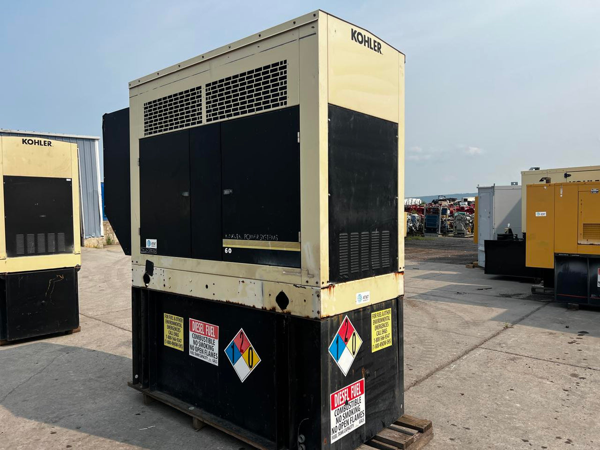 60 kW Kohler Generator,with Sound Attenuated Enclosure and Base Fuel, 4.5 Liter John Deere Engine, Year – 2005, 584 Hours