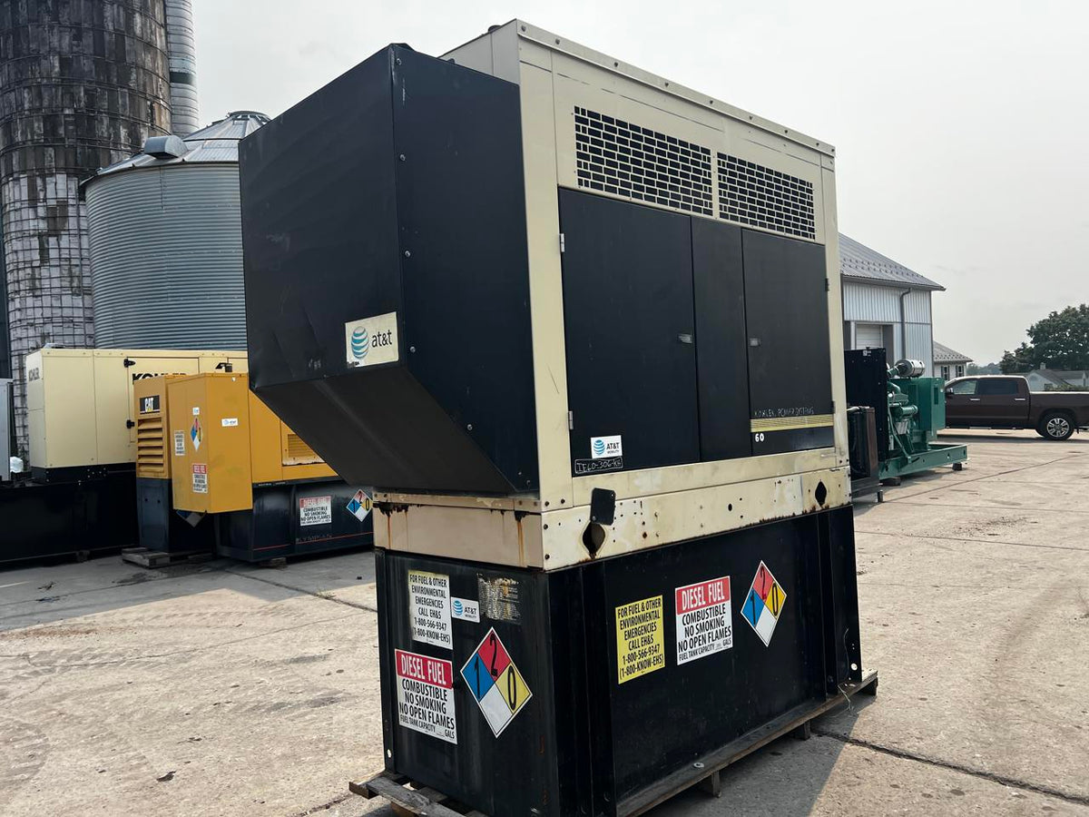 60 kW Kohler Generator,with Sound Attenuated Enclosure and Base Fuel, 4.5 Liter John Deere Engine, Year – 2005, 584 Hours