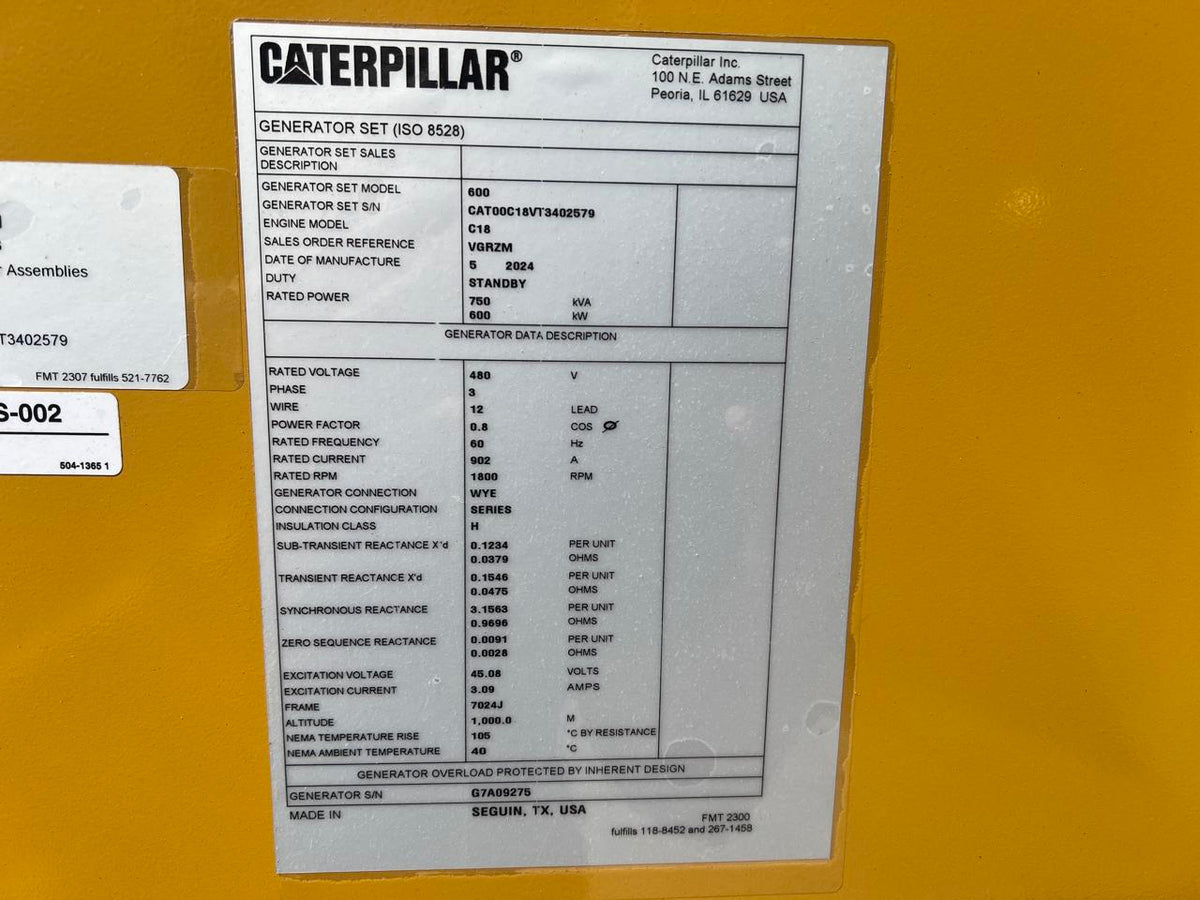 600 kW C 18 New Caterpillar Gen Set, Sound Attenuated with Enclosure and Base Fuel Tank, Year – 2024, Full CAT Warranty