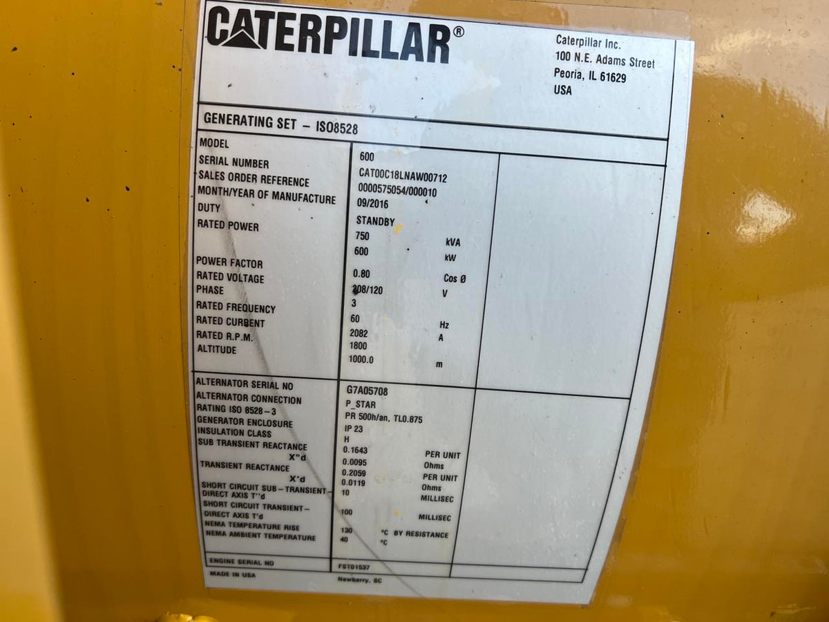 600 kW C18 CAT Gen Set, Open Skid, Year – 2016, 167 Hours, US EPA Tier 2 Pre Emission Engine