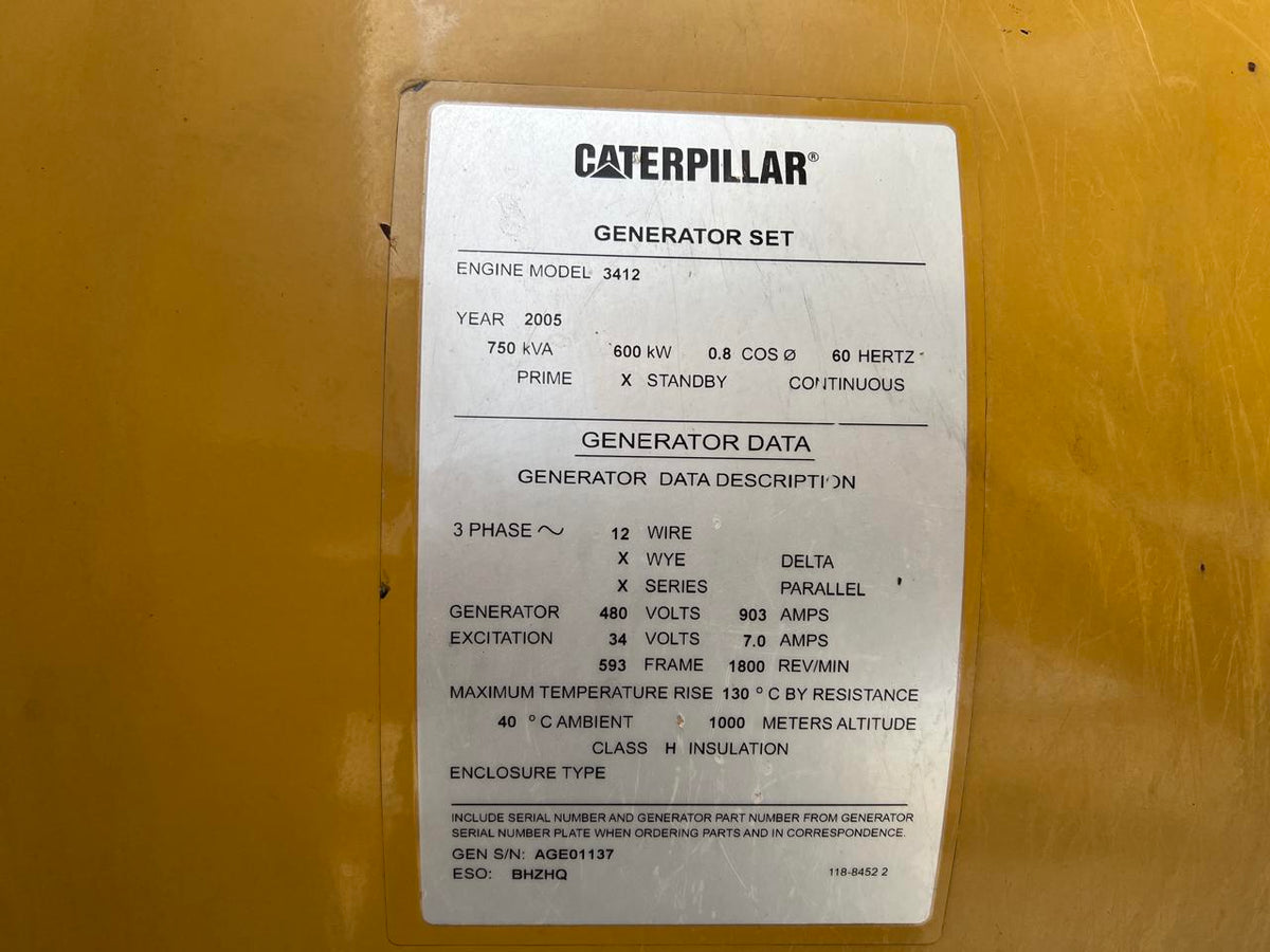 600 kW CAT GenSet, Openskid, 3412 Diesel Engiine, Year – 2005, 1536 Hours