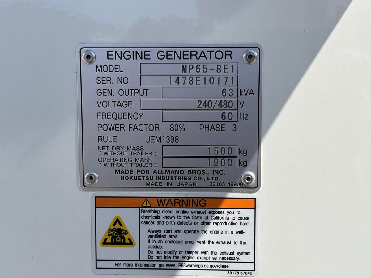 63 KVA Maxipower Trailer Mounted Generator Set, Sound Attenuated, Selectable, Rental Grade T4 Final