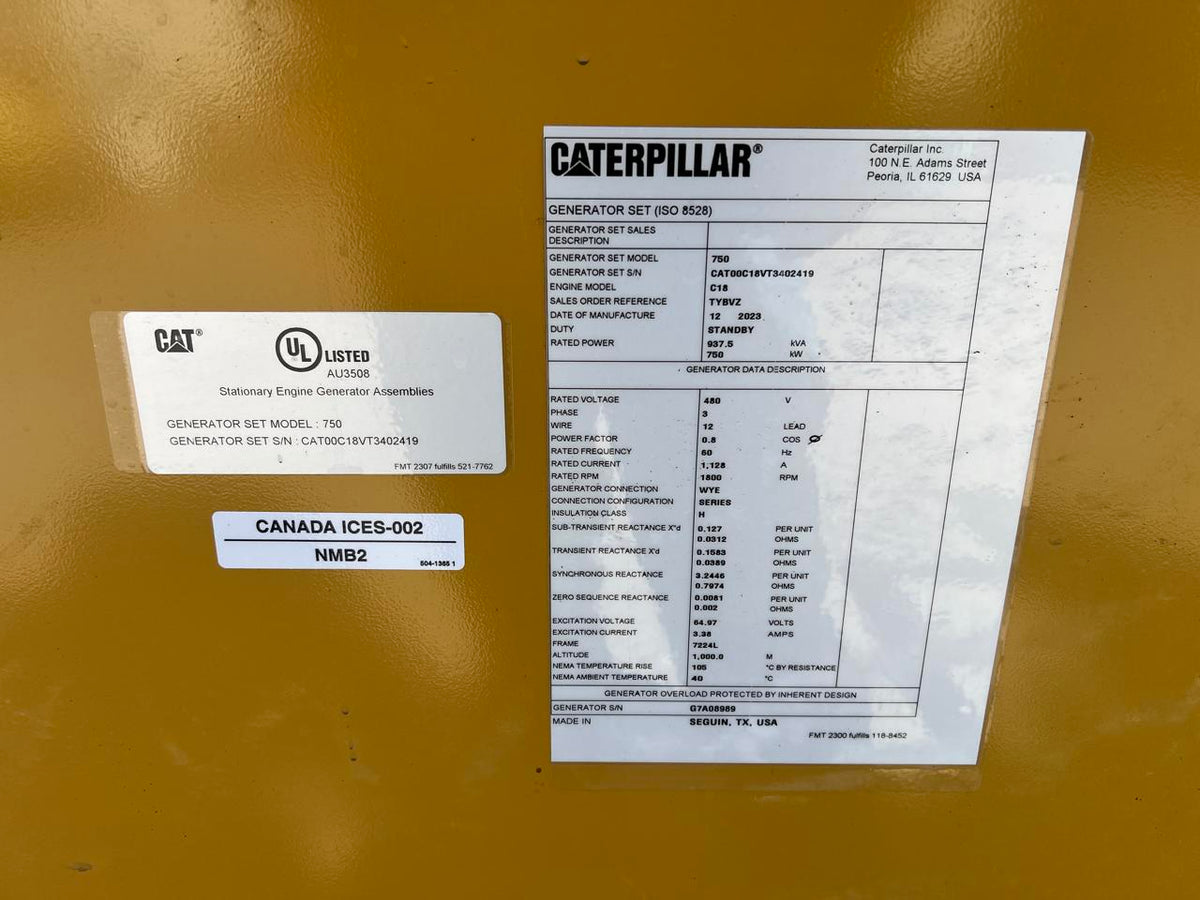 750 kW C18 CAT GenSet, with new factory warranty, Year – 2023, Open Skid