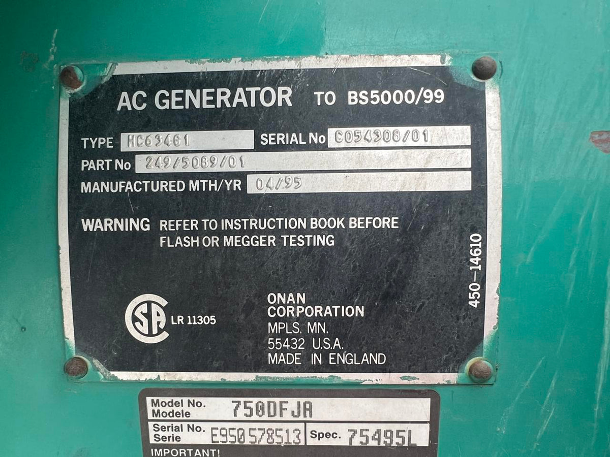 750 kW Cummins/Onan GenSet, KTA38 Liter Engine, Year – 1995, 1315 Hours