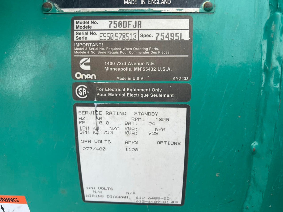 750 kW Cummins/Onan GenSet, KTA38 Liter Engine, Year – 1995, 1315 Hours