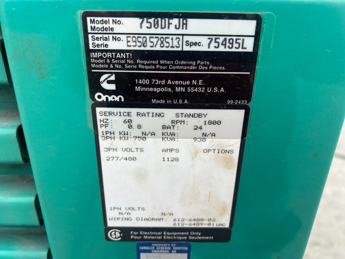 750 kW Cummins/Onan GenSet, KTA38 Liter Engine, Year – 1995, 1315 Hours