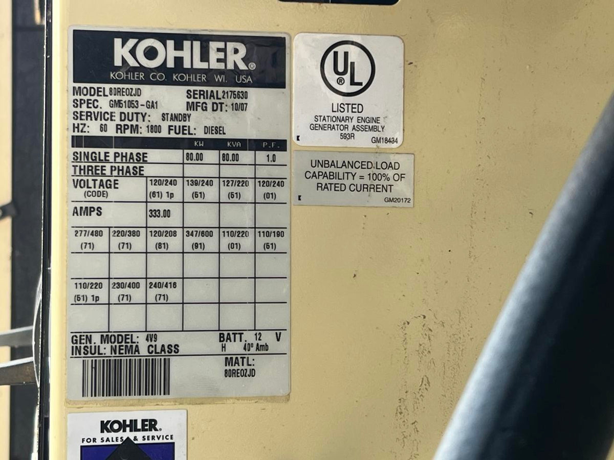 80 kW Kohler Generator, with Sound Enclosure and Base Fuel Tank 4.5L John Deere Engine, Year – 2007, 643 Hours, US EPA Tier 3 Pre Emissions Engine