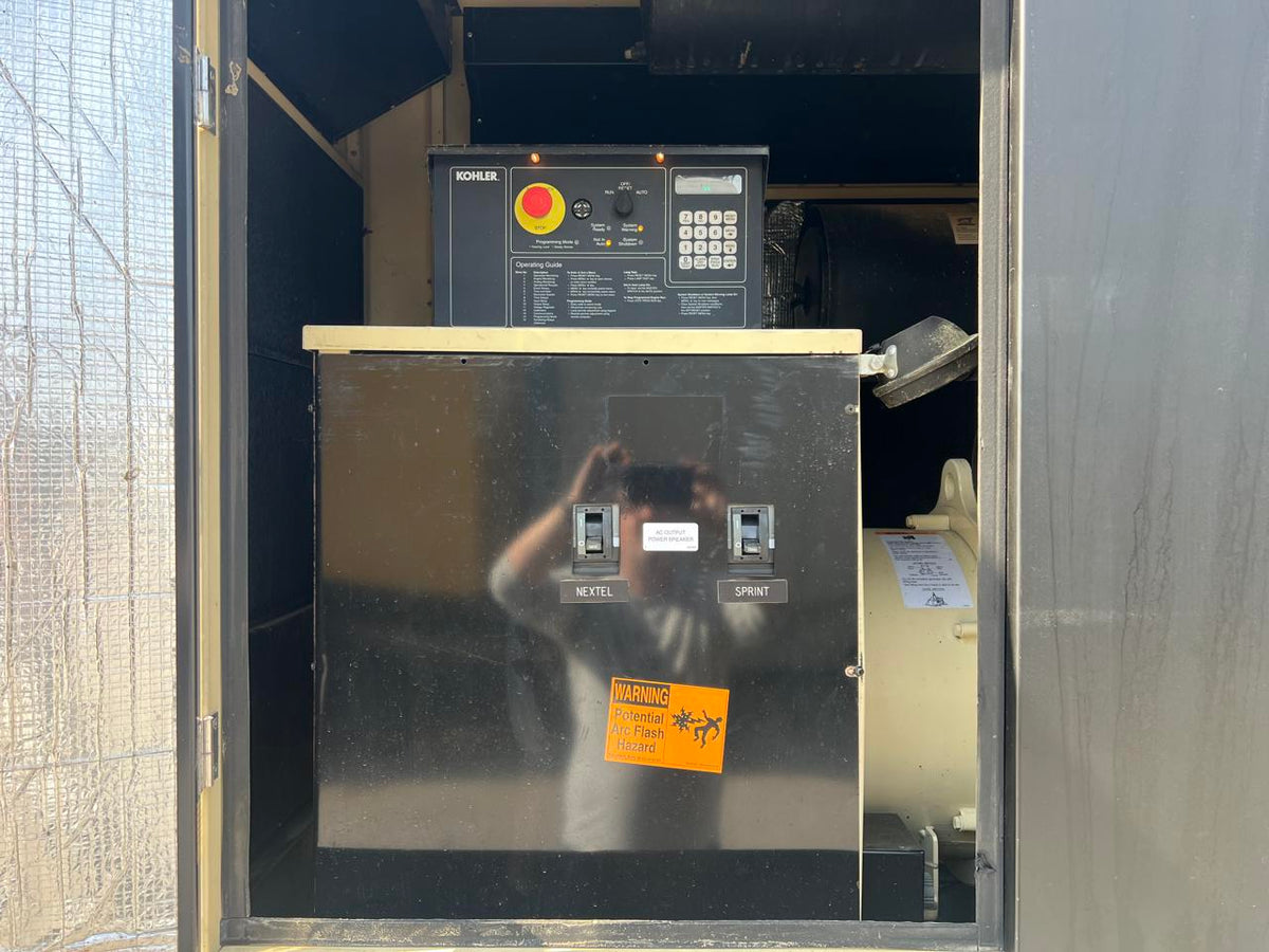 80 kW Kohler Generator, with Sound Enclosure and Base Fuel Tank 4.5L John Deere Engine, Year – 2007, 643 Hours, US EPA Tier 3 Pre Emissions Engine