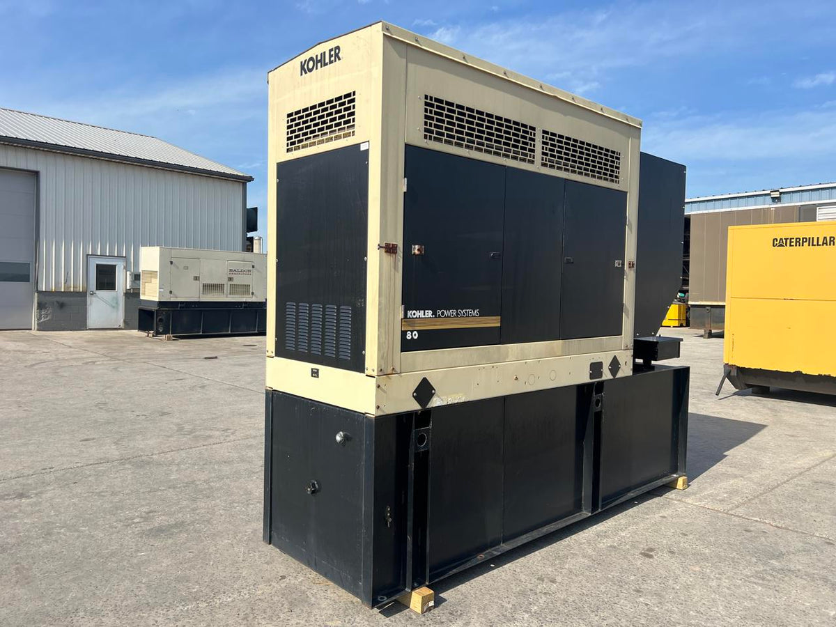 80 kW Kohler Generator, with Sound Enclosure and Base Fuel Tank 4.5L John Deere Engine, Year – 2007, 643 Hours, US EPA Tier 3 Pre Emissions Engine