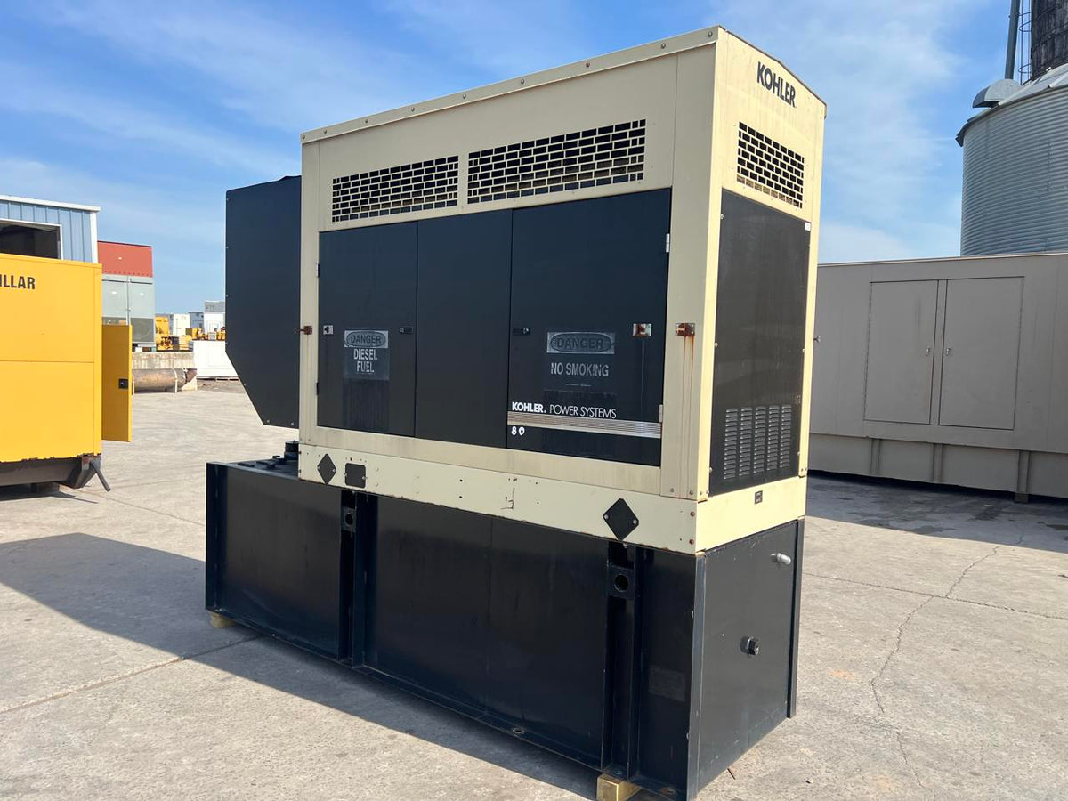 80 kW Kohler Generator, with Sound Enclosure and Base Fuel Tank 4.5L John Deere Engine, Year – 2007, 643 Hours, US EPA Tier 3 Pre Emissions Engine
