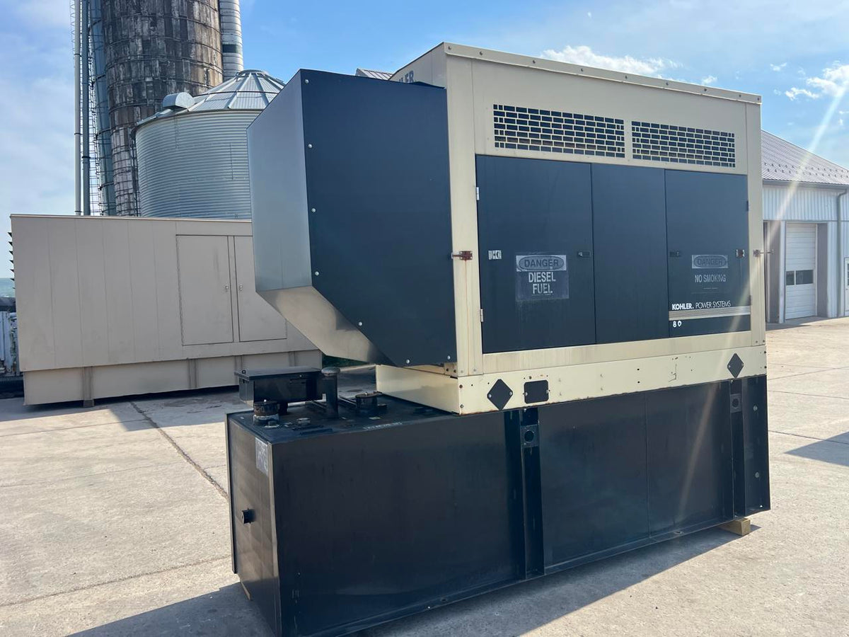 80 kW Kohler Generator, with Sound Enclosure and Base Fuel Tank 4.5L John Deere Engine, Year – 2007, 643 Hours, US EPA Tier 3 Pre Emissions Engine