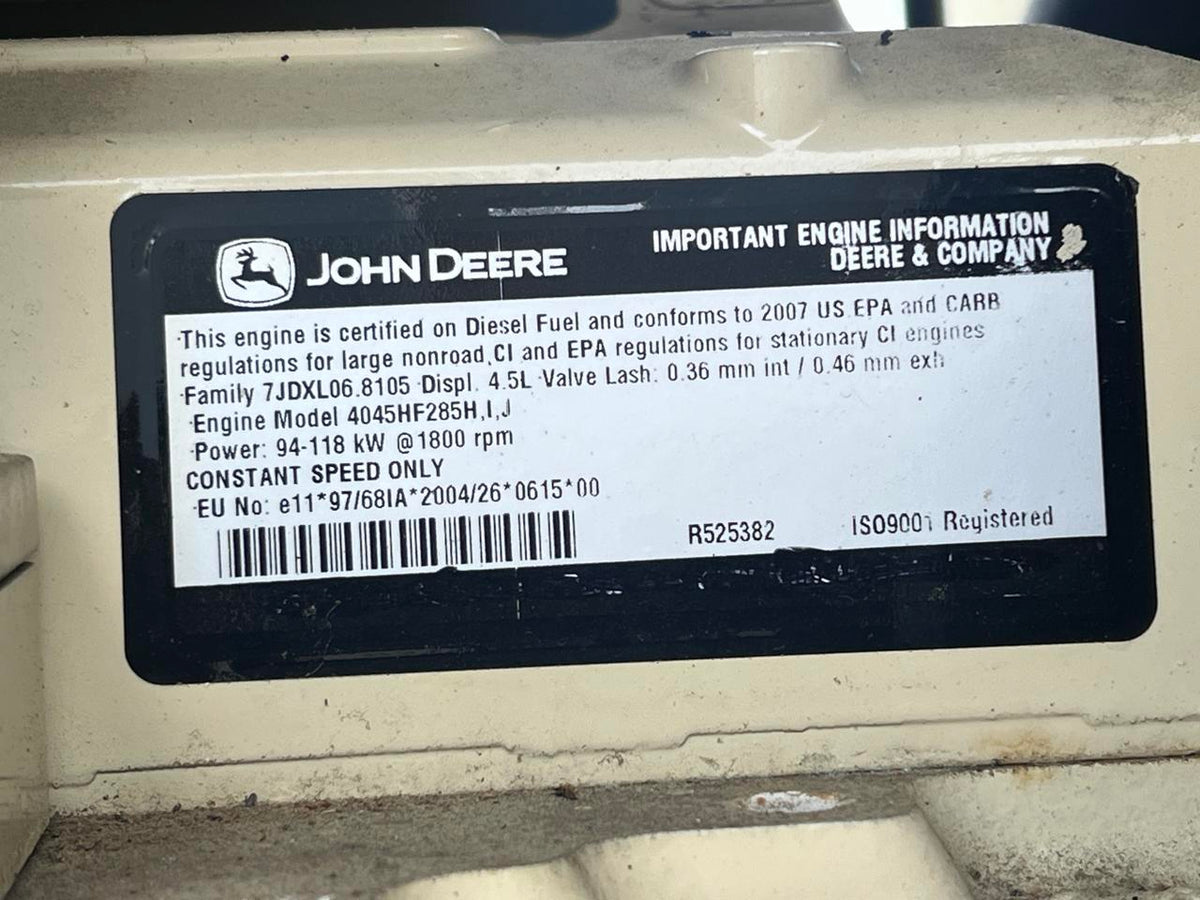 80 kW Kohler Generator, with Sound Enclosure and Base Fuel Tank 4.5L John Deere Engine, Year – 2007, 643 Hours, US EPA Tier 3 Pre Emissions Engine
