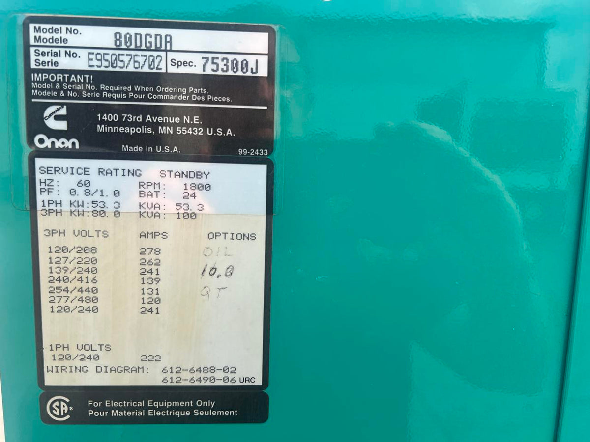 80 kW Cummins/Onan Generator, 5.9 Liter Cummins Engine, Open Skid, Year – 1995, 668 Hours