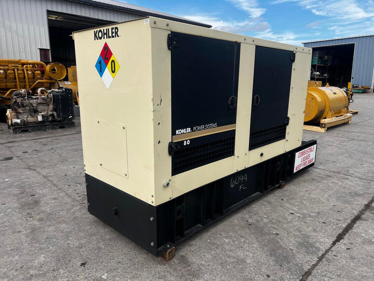 80 kW Kohler Generator, with Sound Attenuated Enclosure and Base Fuel Tank 4.5 Liter John Deere Engine, Year - 2011, 387 Hours - DSLP1413