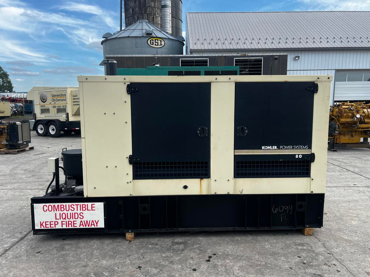 80 kW Kohler Generator, with Sound Attenuated Enclosure and Base Fuel Tank 4.5 Liter John Deere Engine, Year - 2011, 387 Hours - DSLP1413