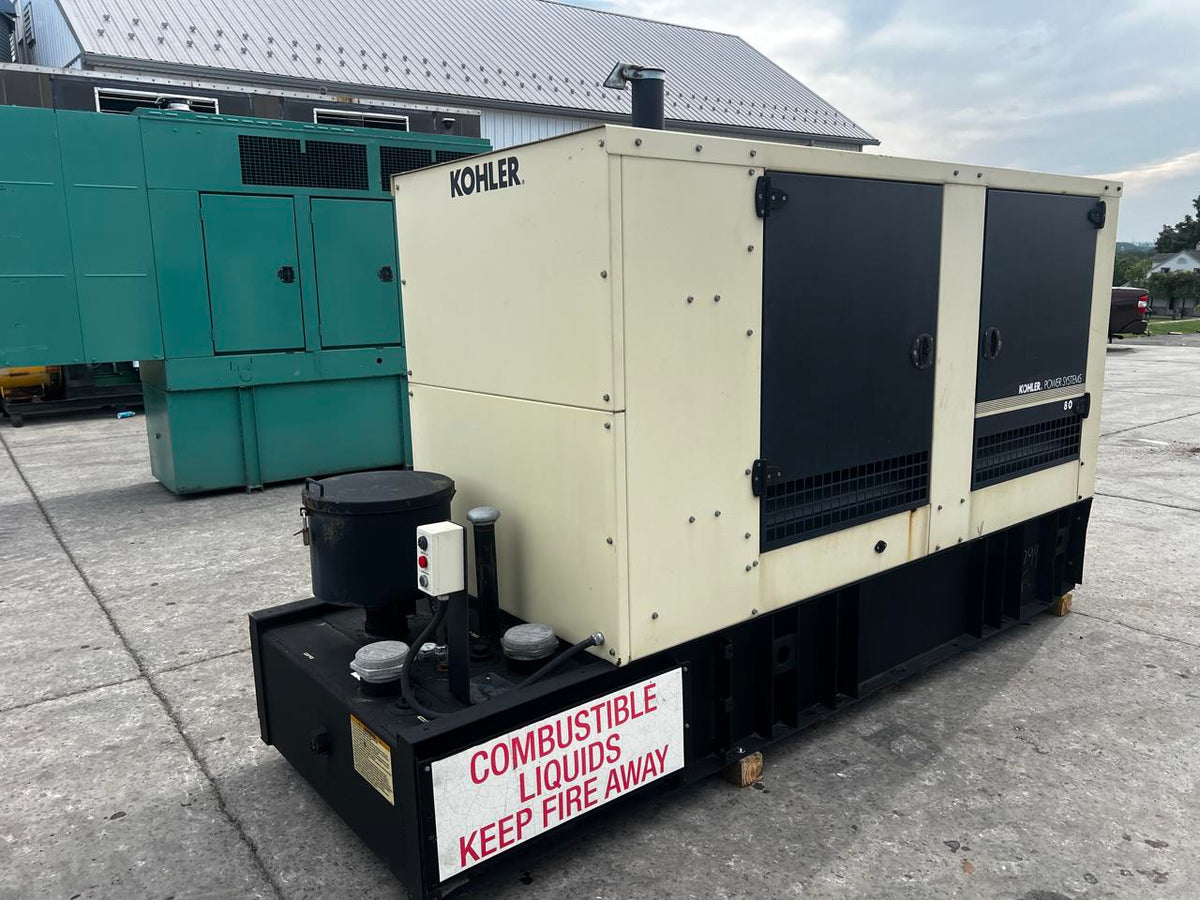 80 kW Kohler Generator, with Sound Attenuated Enclosure and Base Fuel Tank 4.5 Liter John Deere Engine, Year - 2011, 387 Hours - DSLP1413