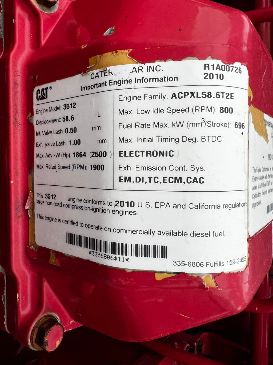 3512 CAT Industrial Engine Frack Spec 2250 HP @ 1900 RPM Year  2010 DSLP1283