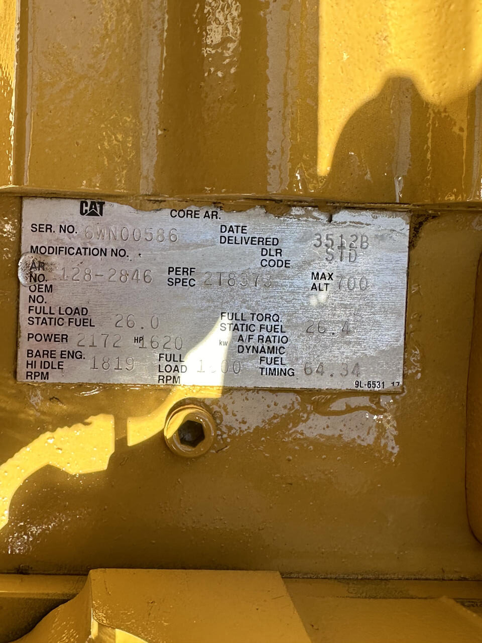 3512B CAT Industrial Engine Take Out of Genset 750 Hours since new DSLP1296