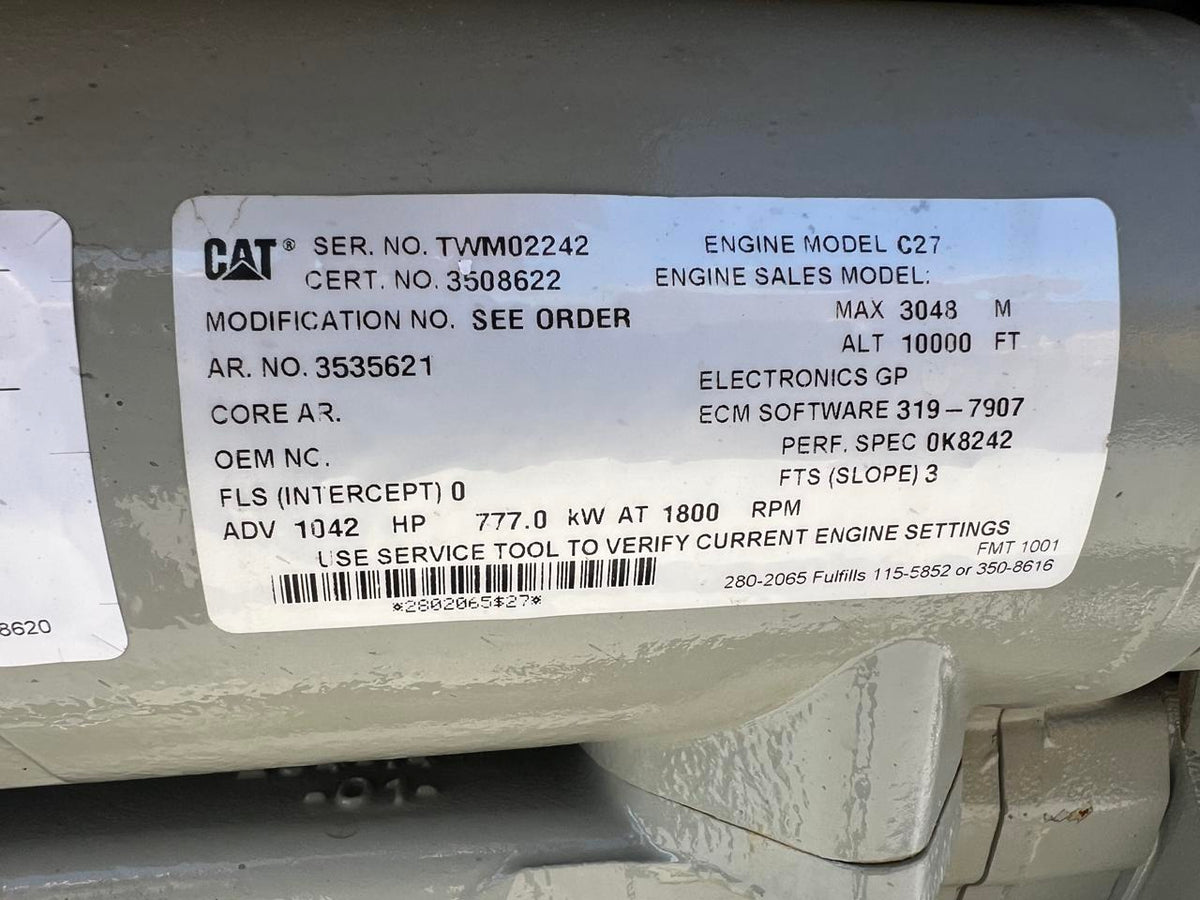 C27 Caterpillar 1000 to 1150 HP Industrial Engine Year  2010 424 Hours Pre Emission Engine for Export Only. DSLP1324