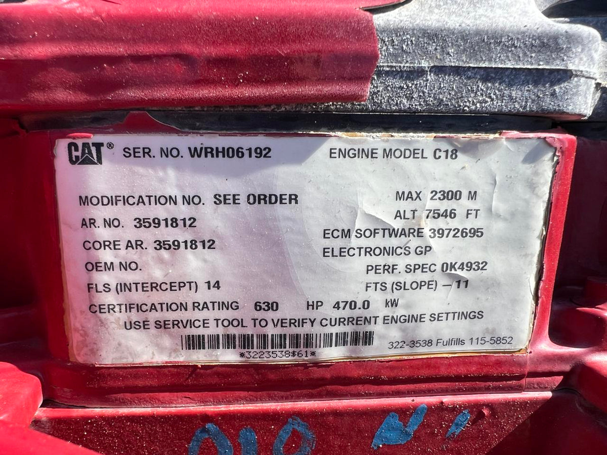 C18 Caterpillar 630 HP Diesel Industrial Engine Year  2014 US EPA Tier 3 Pre Emission DSLP1326