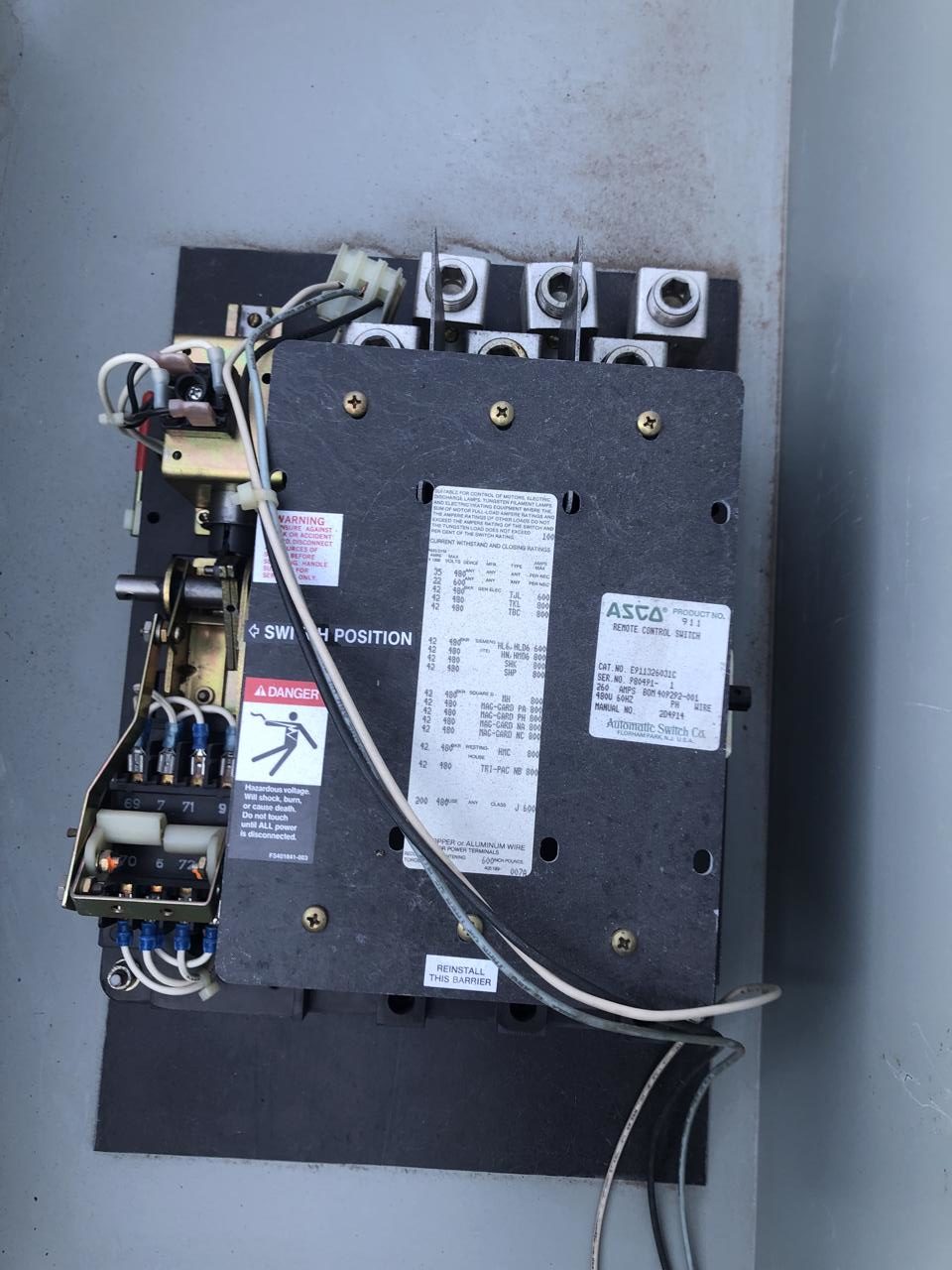 260 Amp Asco Transfer Switch, Type 1 Enclosure, 480 volts