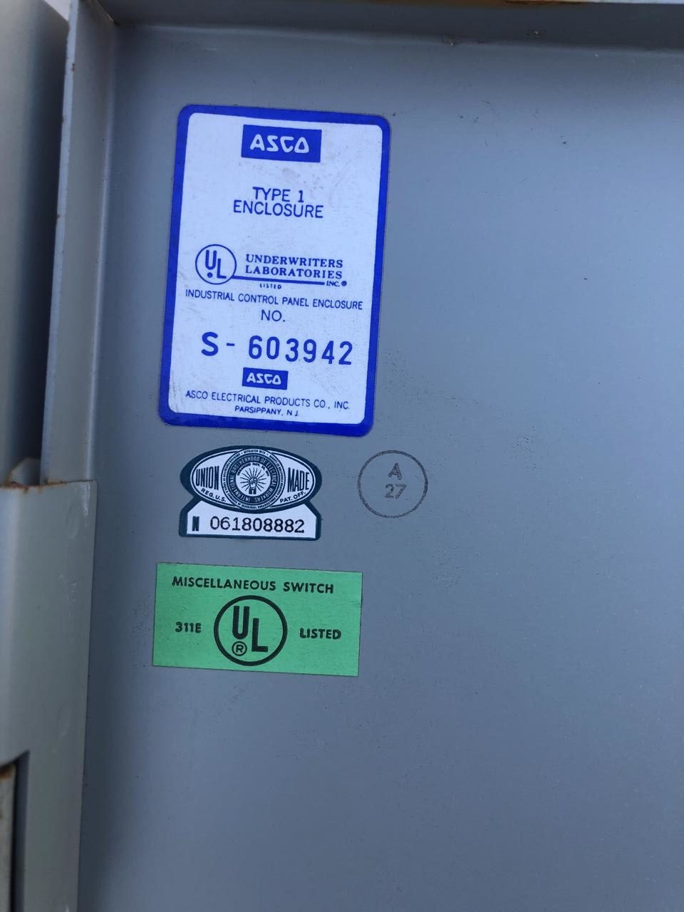 260 Amp Asco Transfer Switch, Type 1 Enclosure, 480 volts