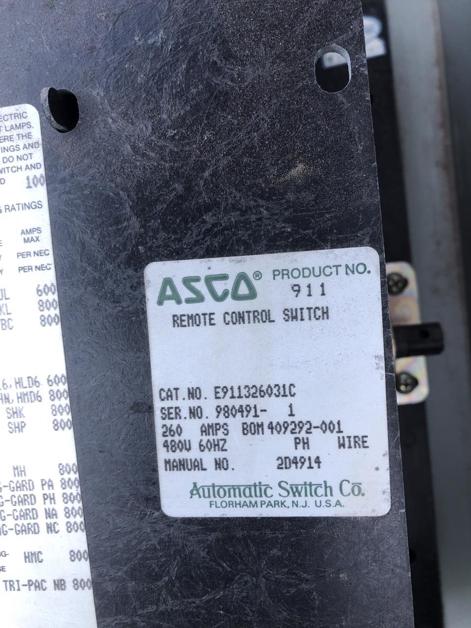 260 Amp Asco Transfer Switch, Type 1 Enclosure, 480 volts