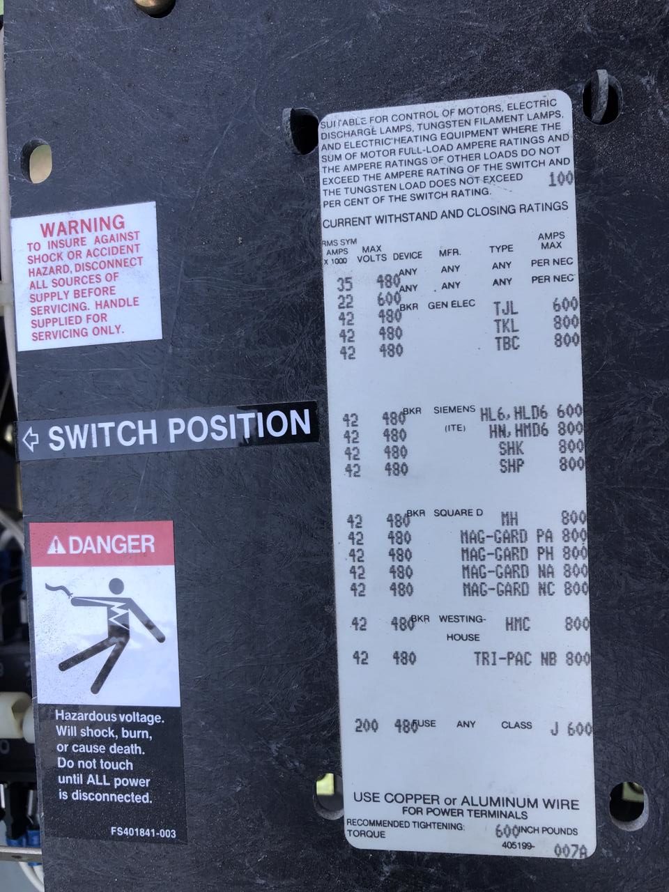 260 Amp Asco Transfer Switch, Type 1 Enclosure, 480 volts
