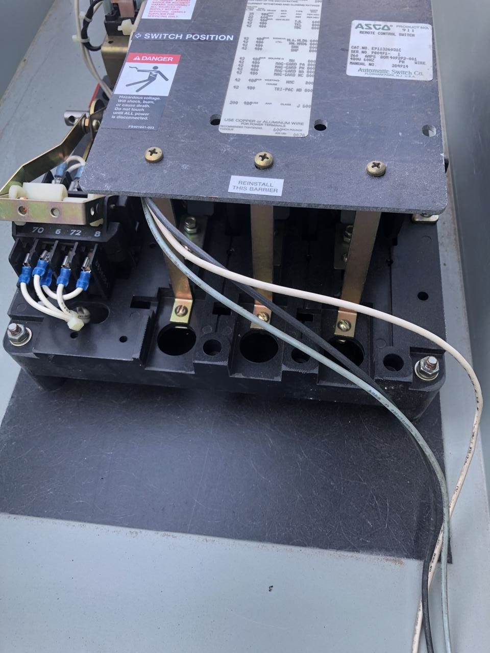 260 Amp Asco Transfer Switch, Type 1 Enclosure, 480 volts