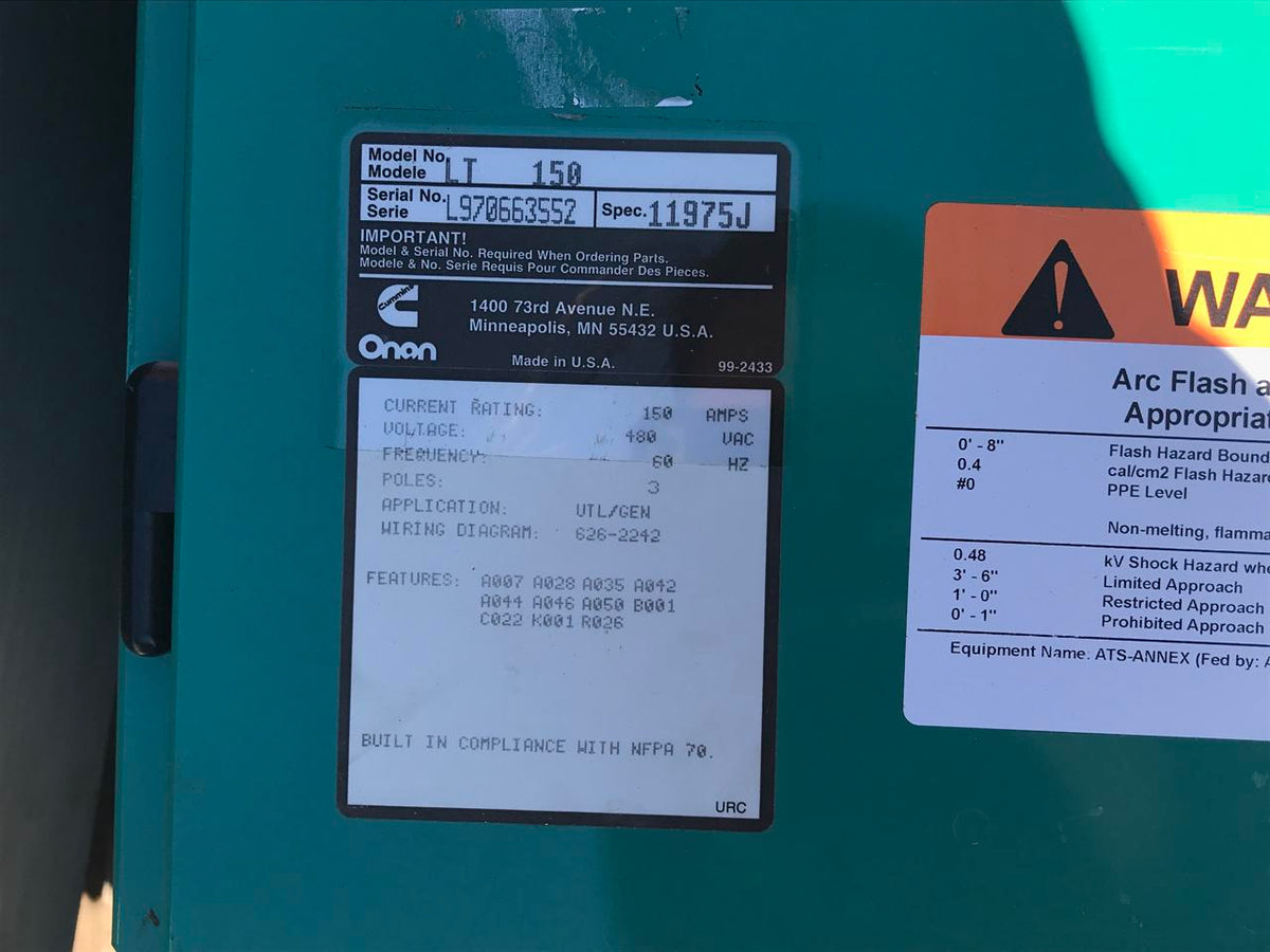 Cummins Onan Transfer Switch 150 Amps, 1997, 3 Phase