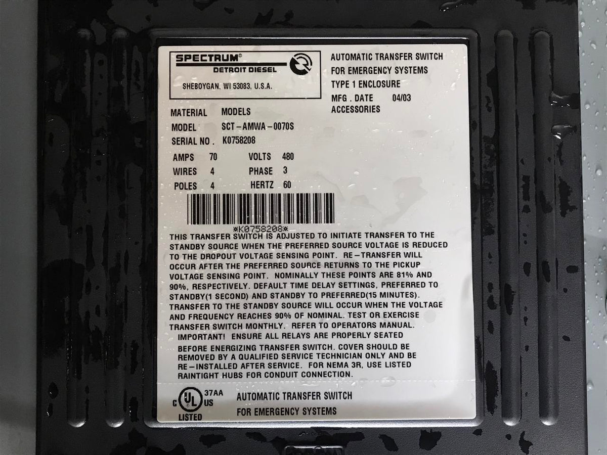 Spectrum/Detroit Diesel 70 Amp Transfer Switch, Year 2003