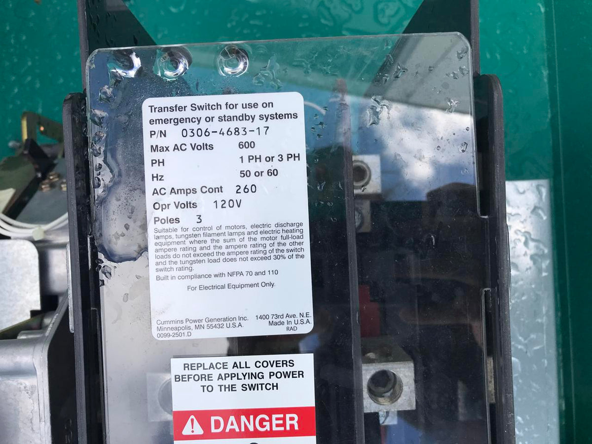 Cummins 260 Amp Transfer Switch, Year 2010, NEMA 1