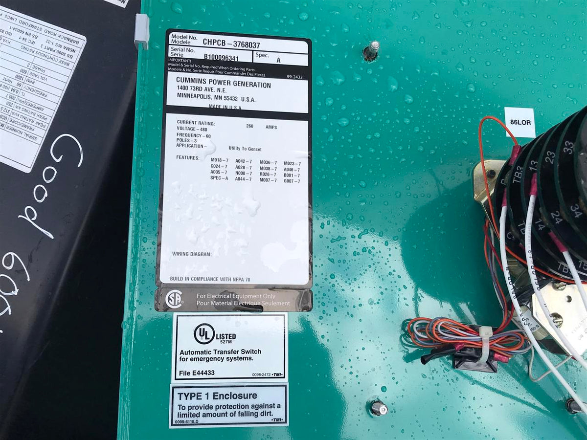 Cummins 260 Amp Transfer Switch, Year 2010, NEMA 1