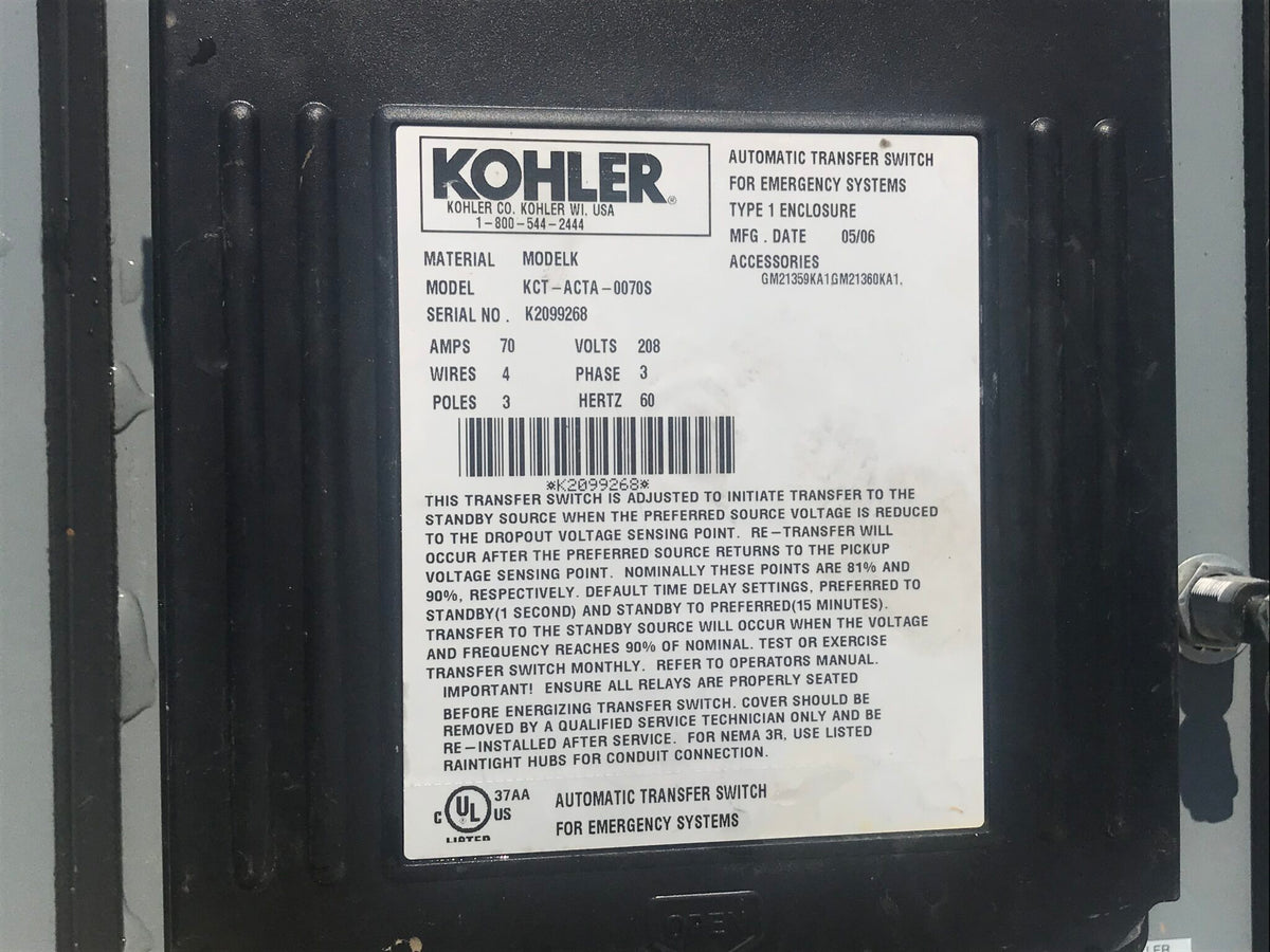 Kohler 70 Amp Transfer Switch, Year 2006, 208 volts, 3 Pole, 3 Phase, NEMA 1