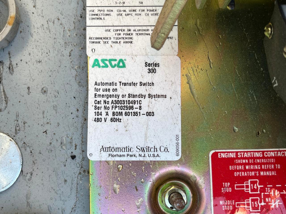 Asco 104 Amp Transfer Switch, 480 volts, 3 Phase, Type 1 Enlcosure