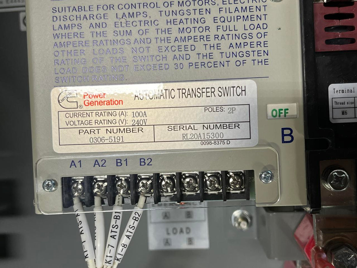 Cummins 100 Amp Transfer Switch, 240 volts, Year 2021, Unused Unit, NEMA 3R